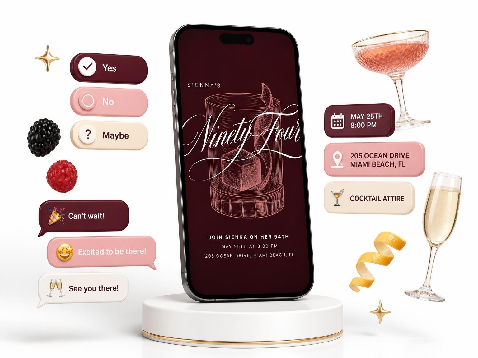 The Burgundy Cocktail 94th Birthday Invitation invitation on a phone, with guest RSVPs arriving around it