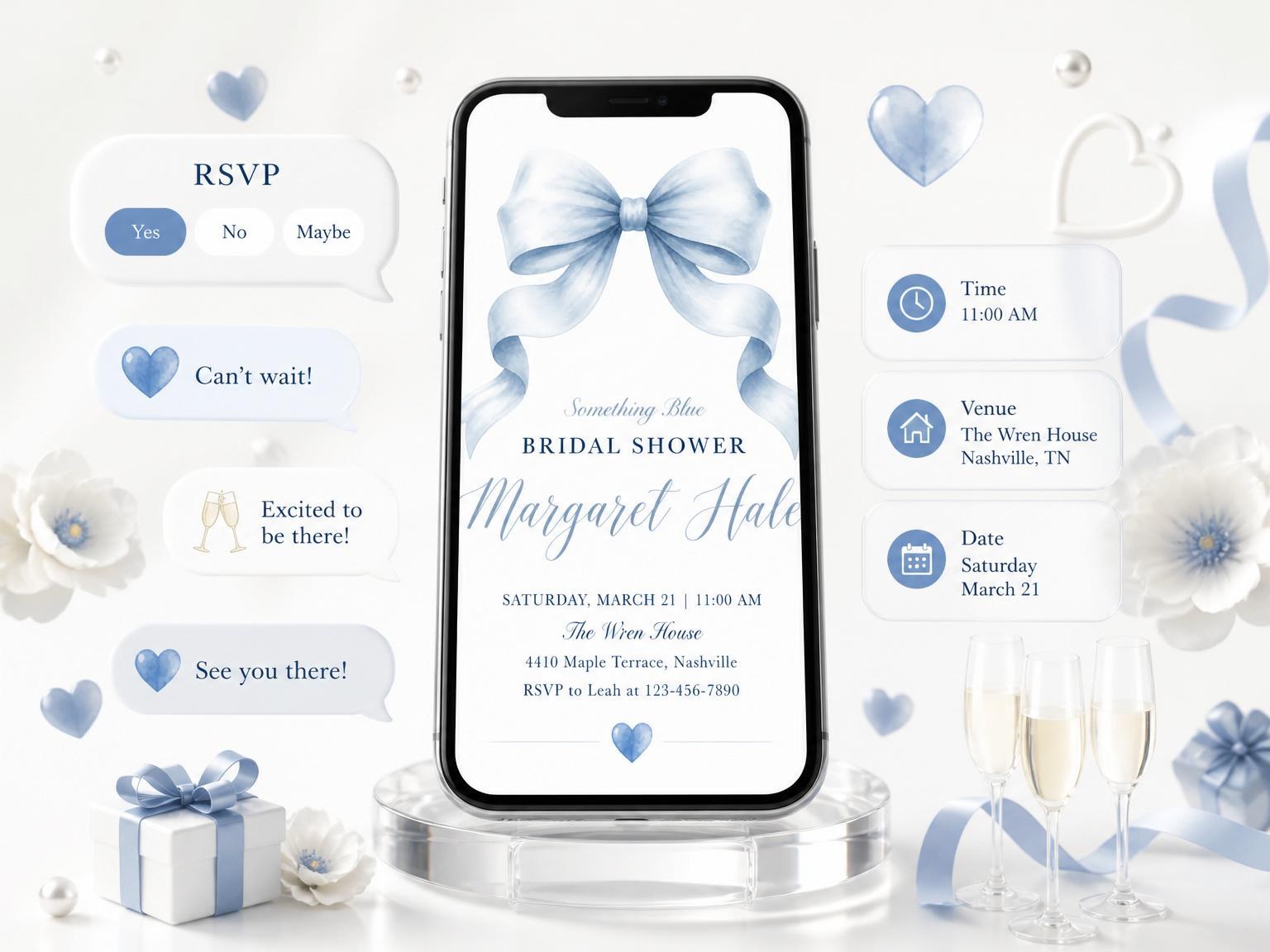The Soft Blue Watercolor Bow Bridal Shower invitation on a phone, with guest RSVPs arriving around it