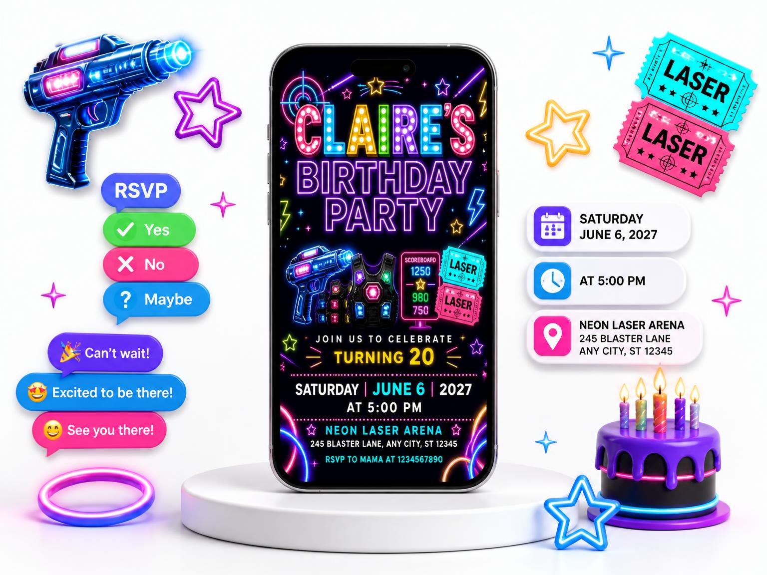 The Neon Laser Tag 20th Birthday Invitation invitation on a phone, with guest RSVPs arriving around it
