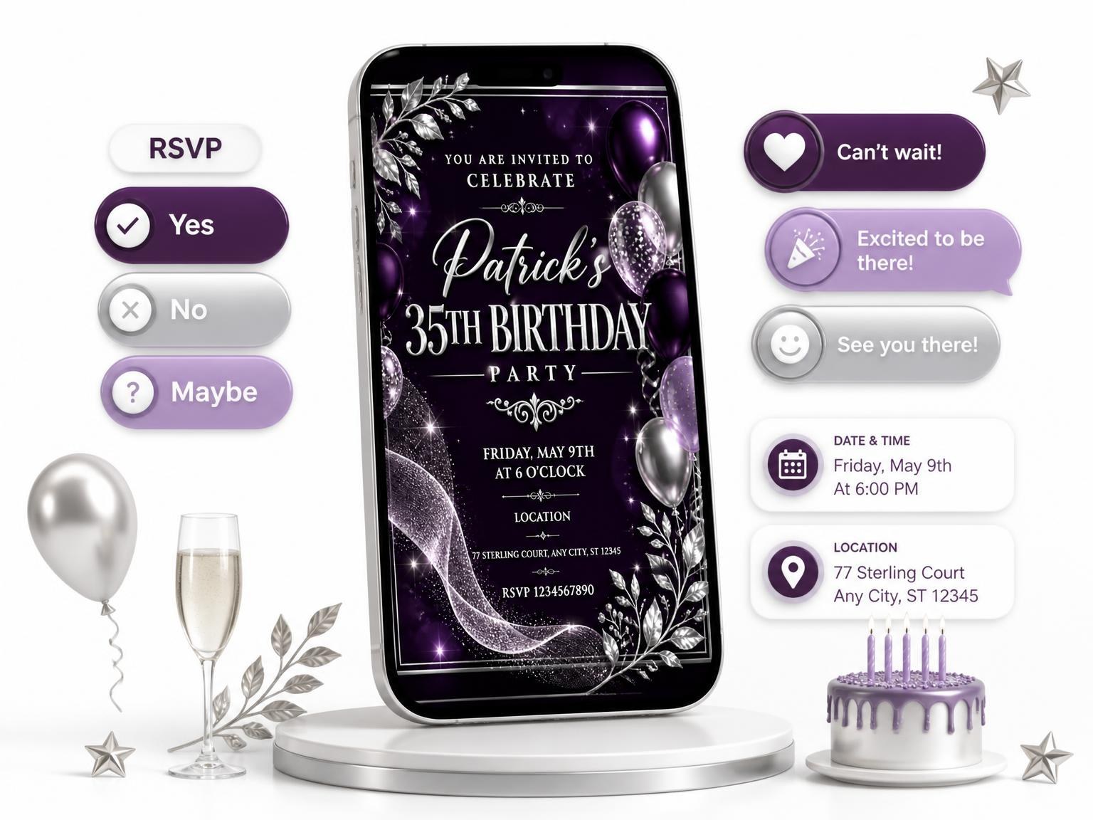 The Plum and Silver 35th Birthday Invitation invitation on a phone, with guest RSVPs arriving around it