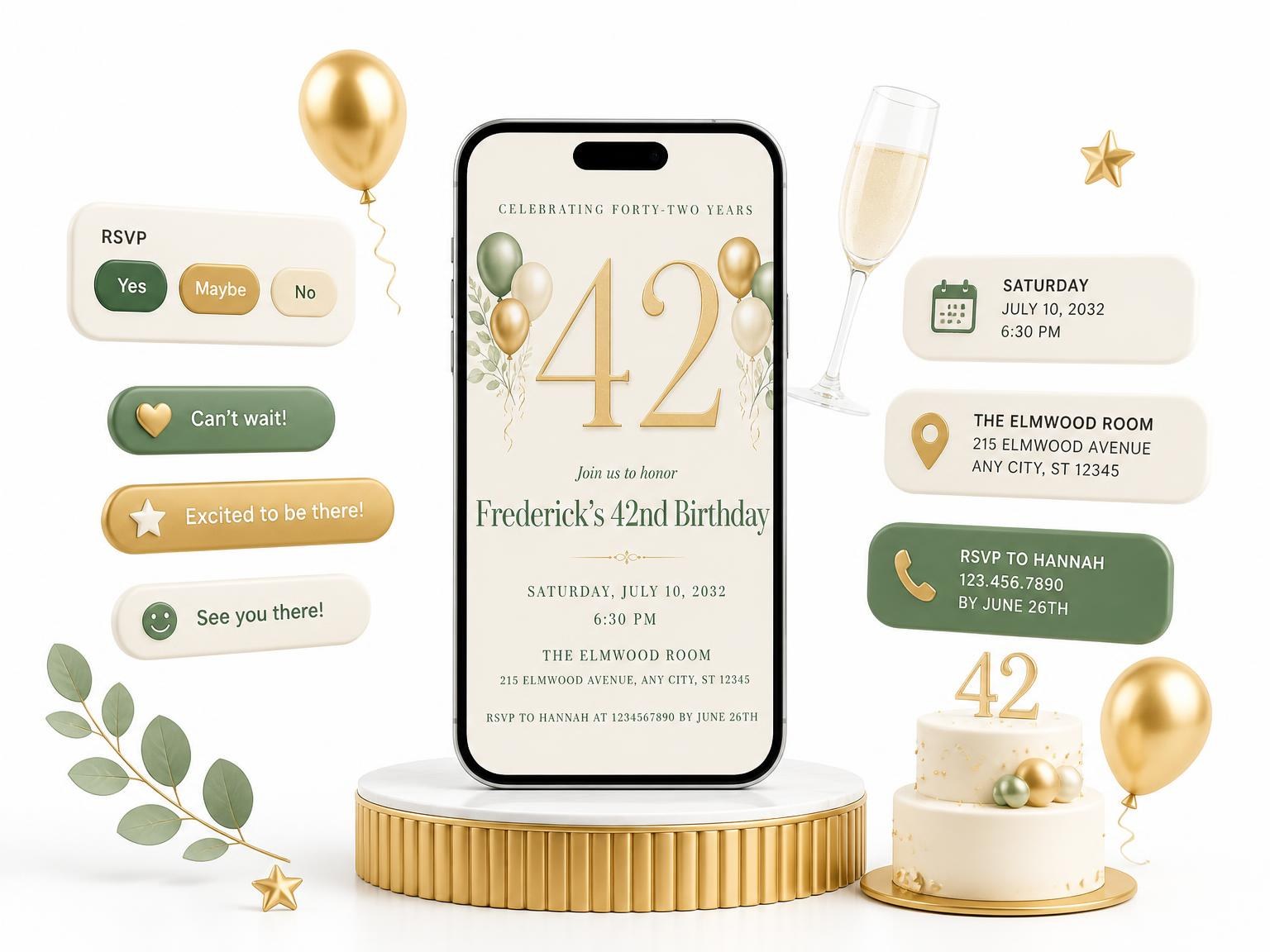 The Sage and Ivory 42nd Birthday Invitation invitation on a phone, with guest RSVPs arriving around it