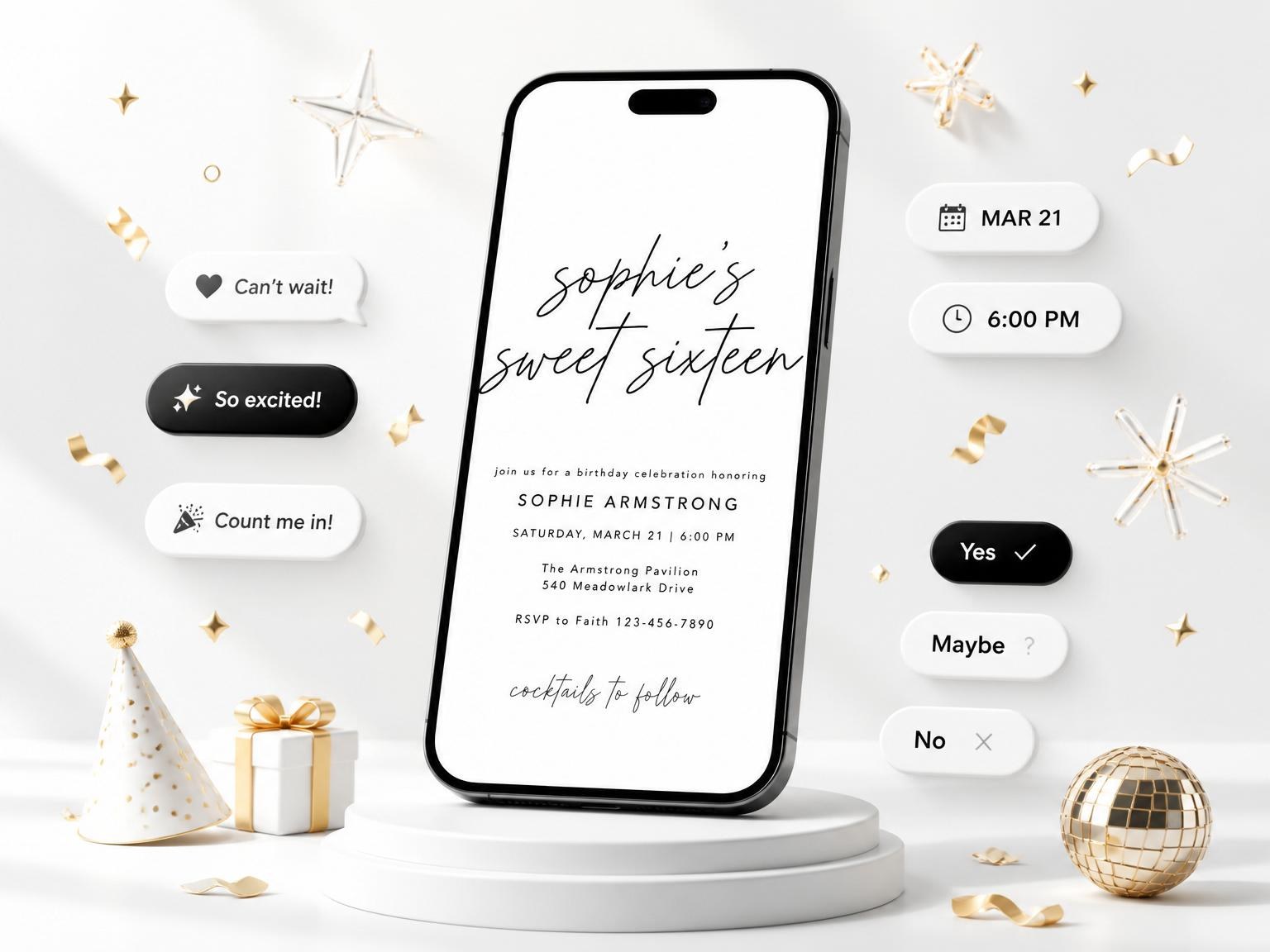 The Minimalist Black and White Sweet Sixteen invitation on a phone, with guest RSVPs arriving around it
