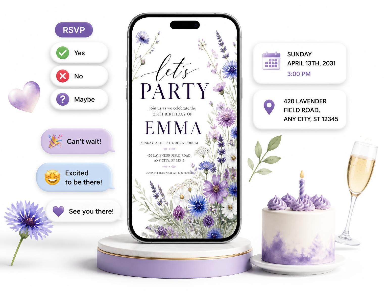 The Lavender Wildflower Meadow 25th Birthday Invitation invitation on a phone, with guest RSVPs arriving around it