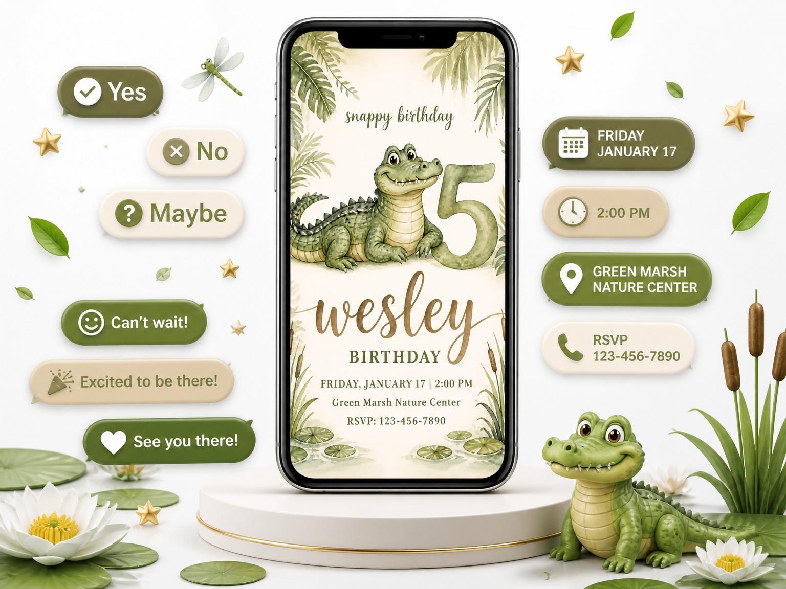 The Watercolor Crocodile Marsh 5th Birthday invitation on a phone, with guest RSVPs arriving around it