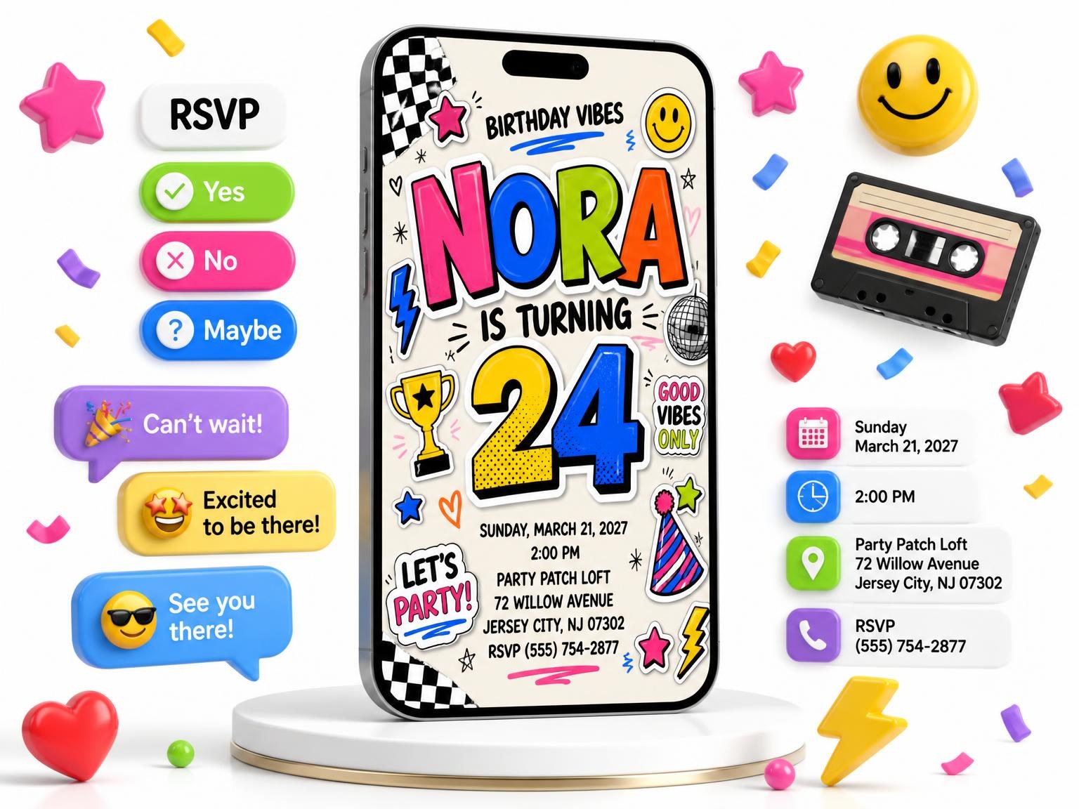 The Sticker Pop 24th Birthday Invitation invitation on a phone, with guest RSVPs arriving around it