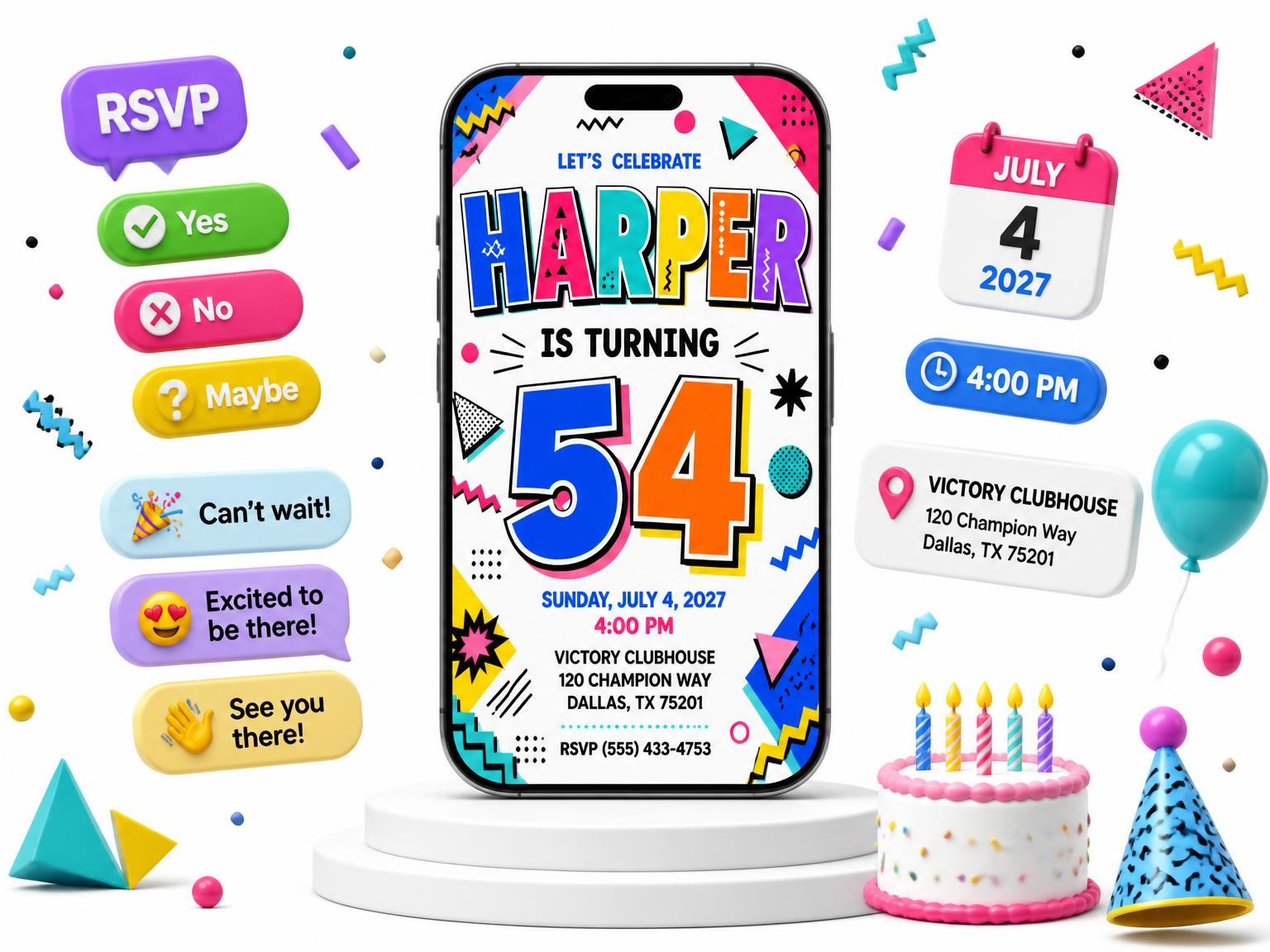 The Memphis Pop 54th Birthday Invitation invitation on a phone, with guest RSVPs arriving around it