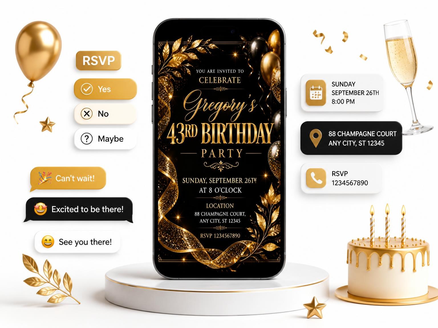 The Black and Gold 43rd Birthday Invitation invitation on a phone, with guest RSVPs arriving around it