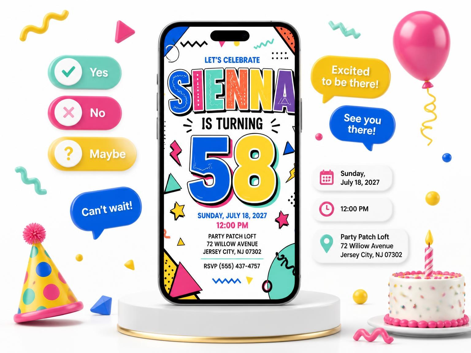 The Memphis Pop 58th Birthday Invitation invitation on a phone, with guest RSVPs arriving around it