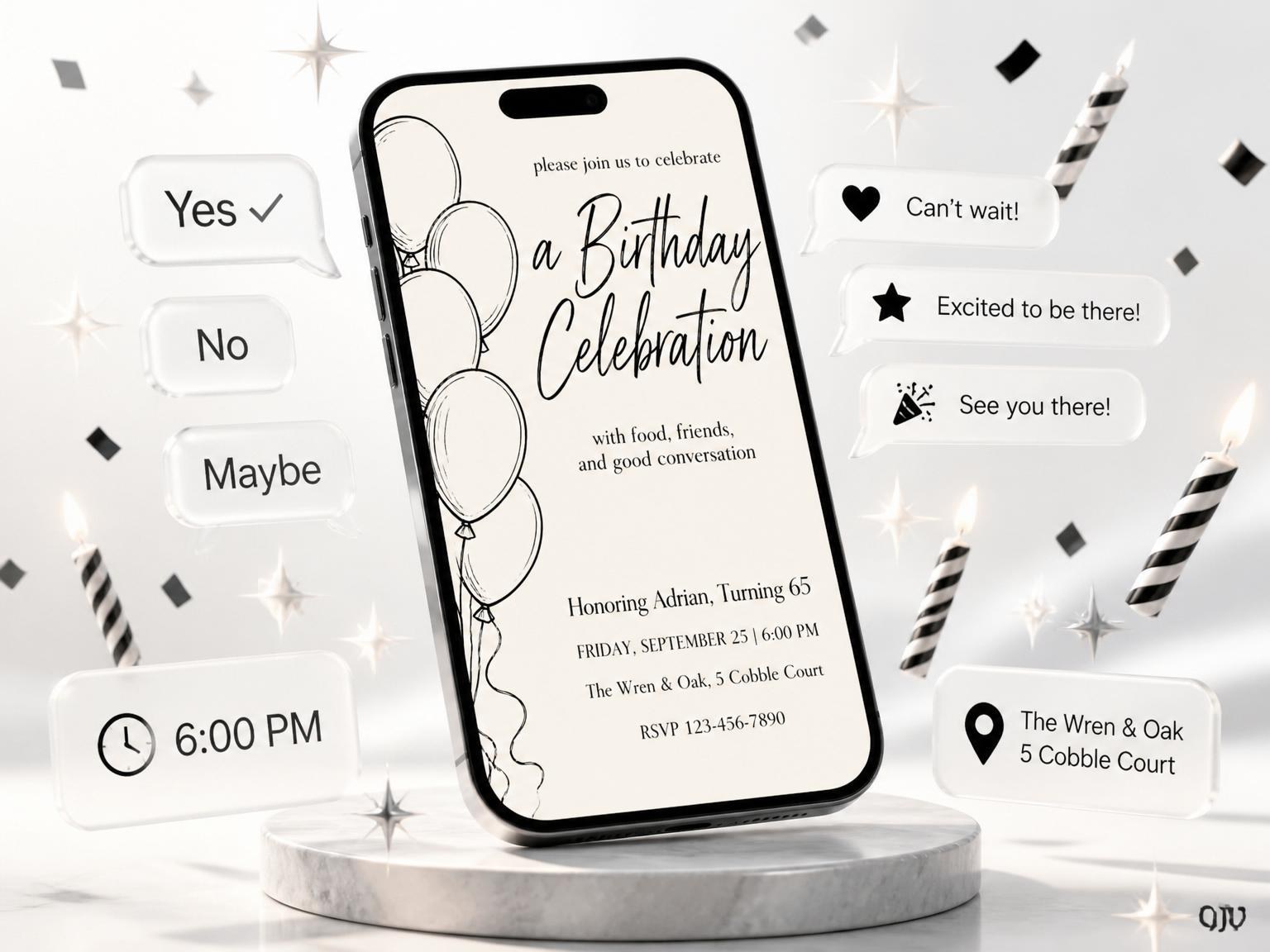 The Cream and Black Balloon 65th Birthday invitation on a phone, with guest RSVPs arriving around it