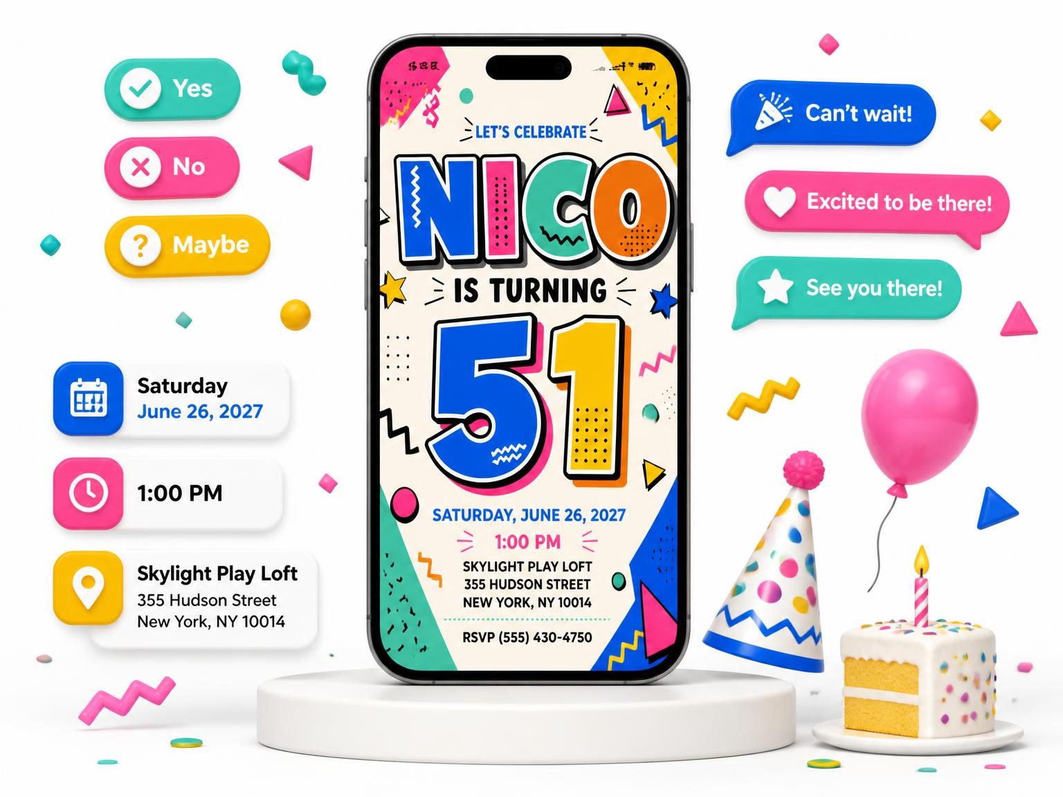 The Memphis Pop 51st Birthday Invitation invitation on a phone, with guest RSVPs arriving around it