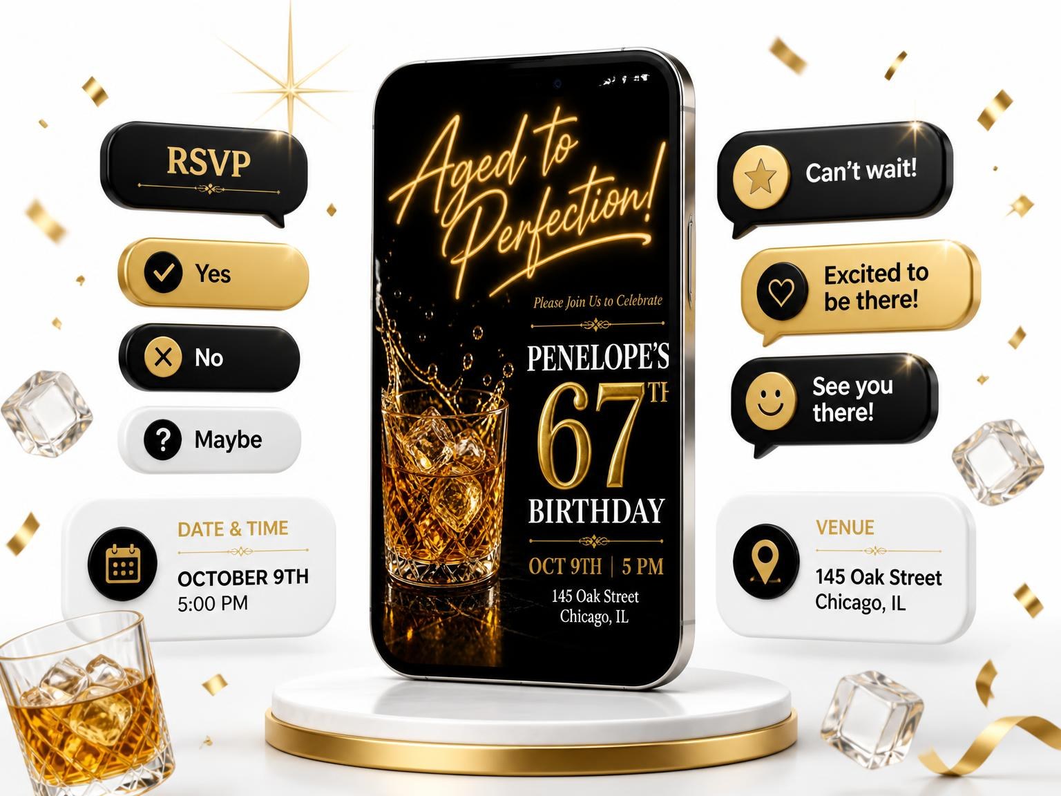 The Whiskey Glass 67th Birthday Invitation invitation on a phone, with guest RSVPs arriving around it