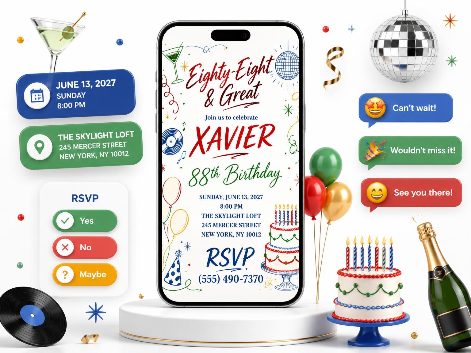 The Retro Doodle 88th Birthday Invitation invitation on a phone, with guest RSVPs arriving around it