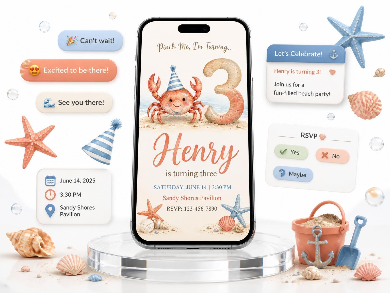 The Watercolor Crab Beach 3rd Birthday invitation on a phone, with guest RSVPs arriving around it