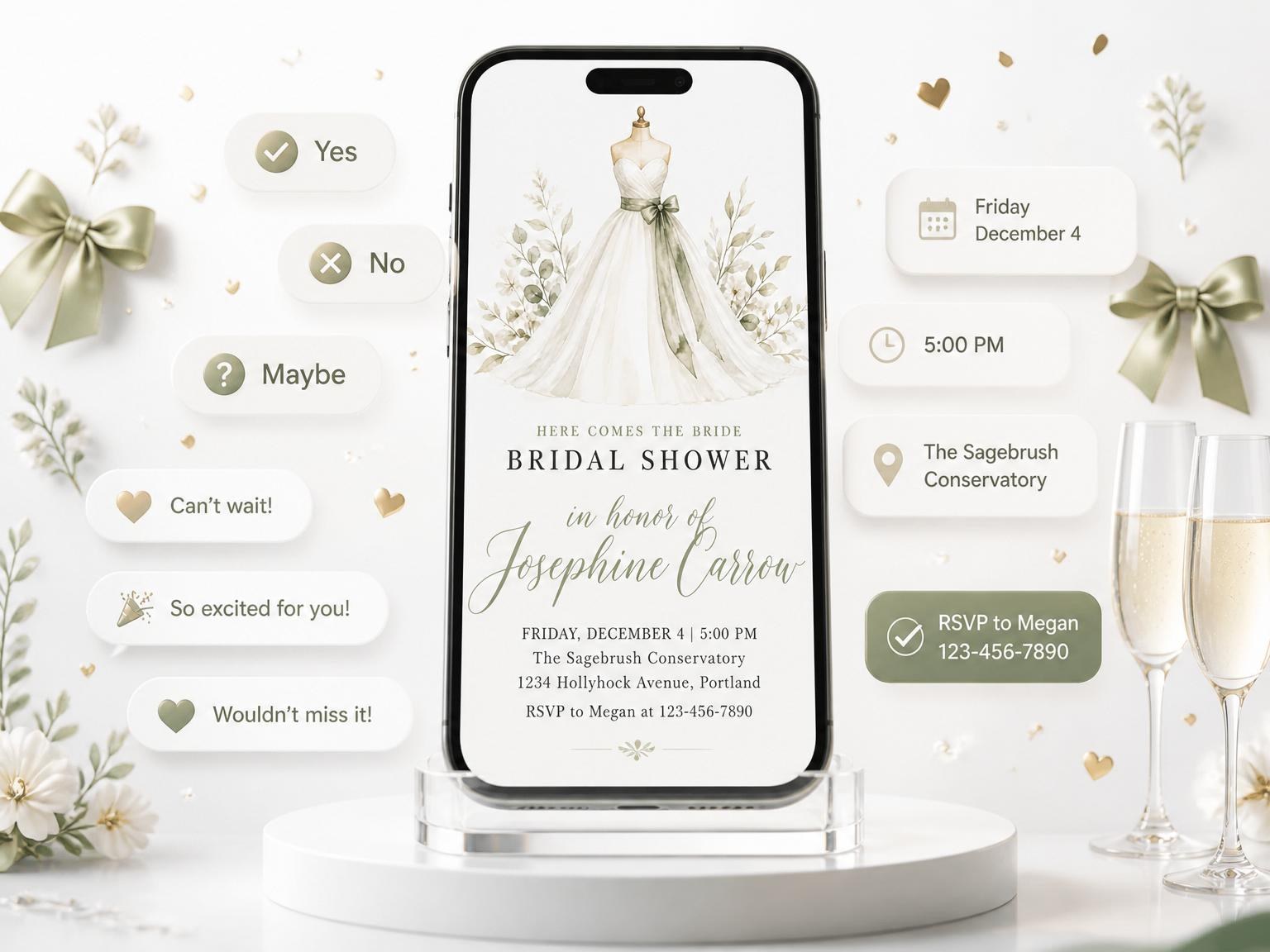 The Sage Watercolor Dress Bridal Shower invitation on a phone, with guest RSVPs arriving around it
