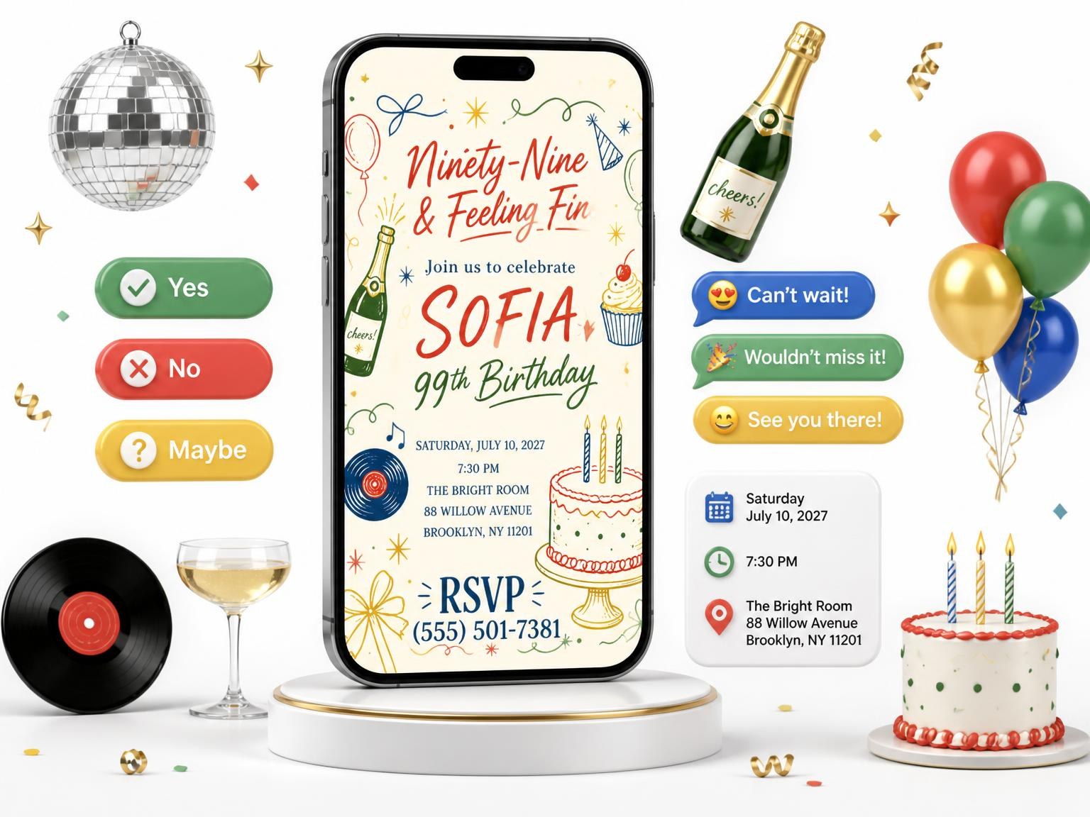 The Retro Doodle 99th Birthday Invitation invitation on a phone, with guest RSVPs arriving around it