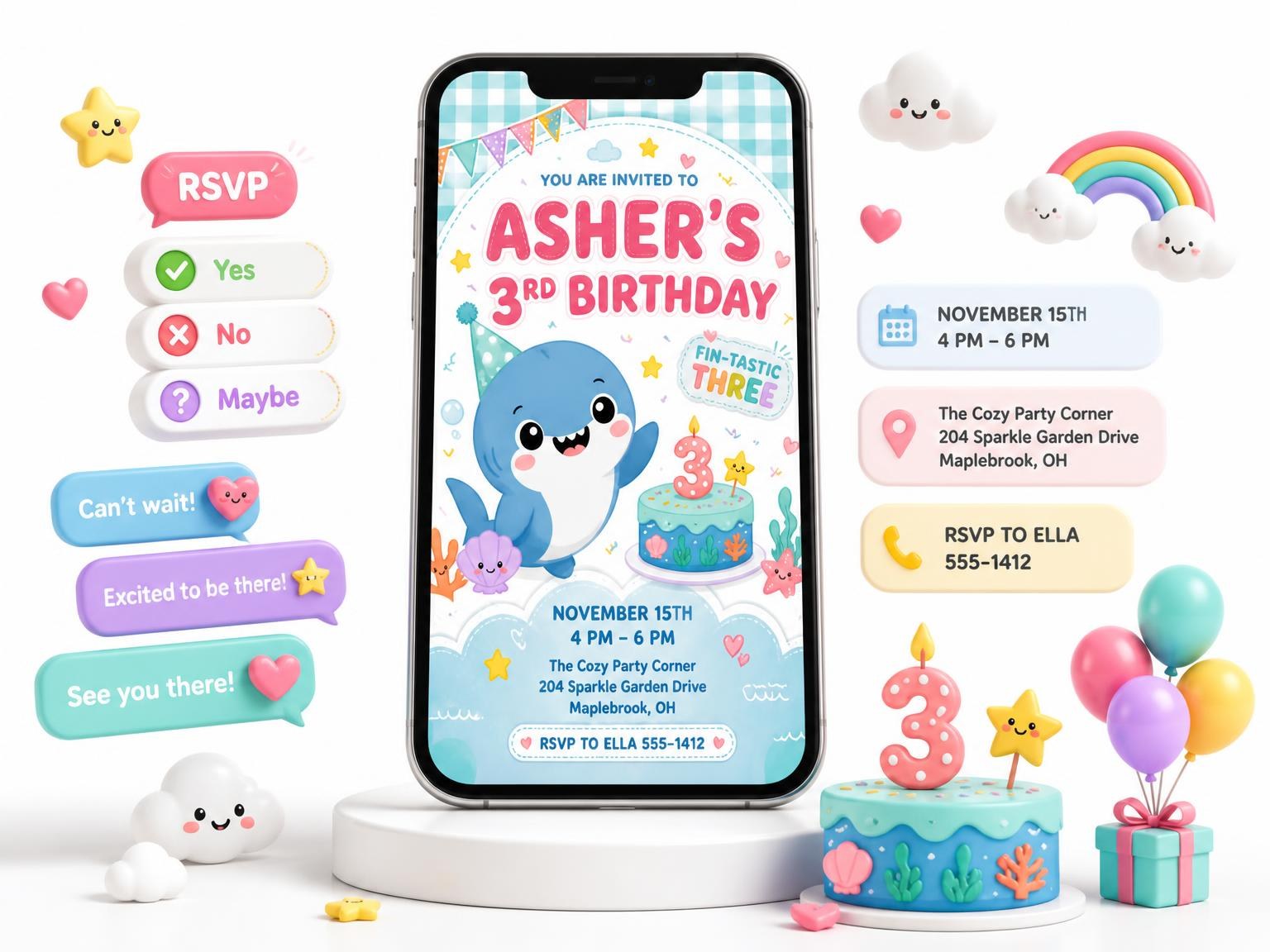 The Pastel Shark 3rd Birthday Invitation invitation on a phone, with guest RSVPs arriving around it