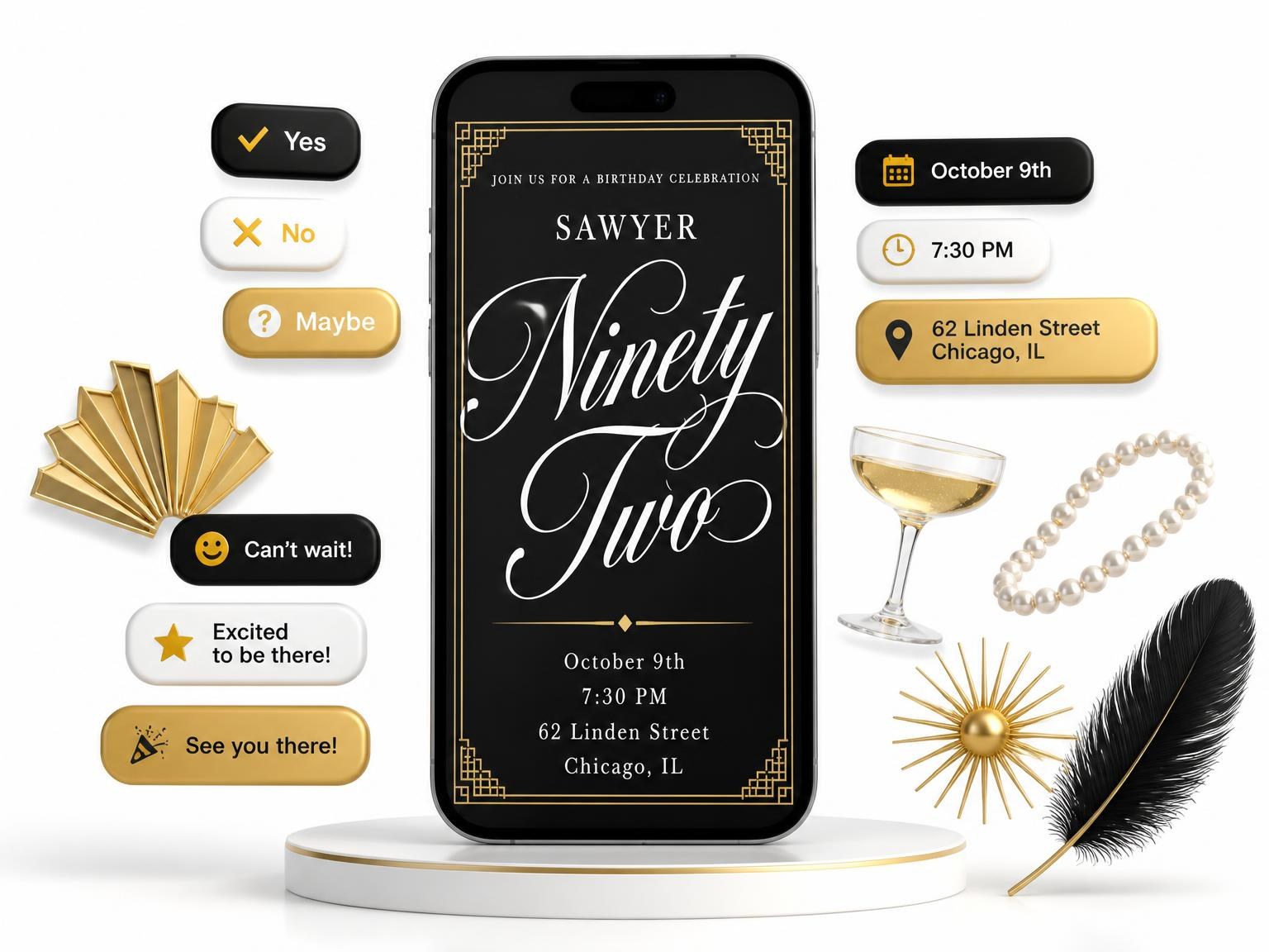 The Art Deco 92nd Birthday Invitation invitation on a phone, with guest RSVPs arriving around it