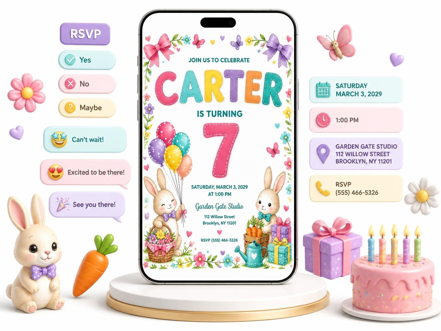 The Stitched Bunny Garden 7th Birthday Invitation invitation on a phone, with guest RSVPs arriving around it