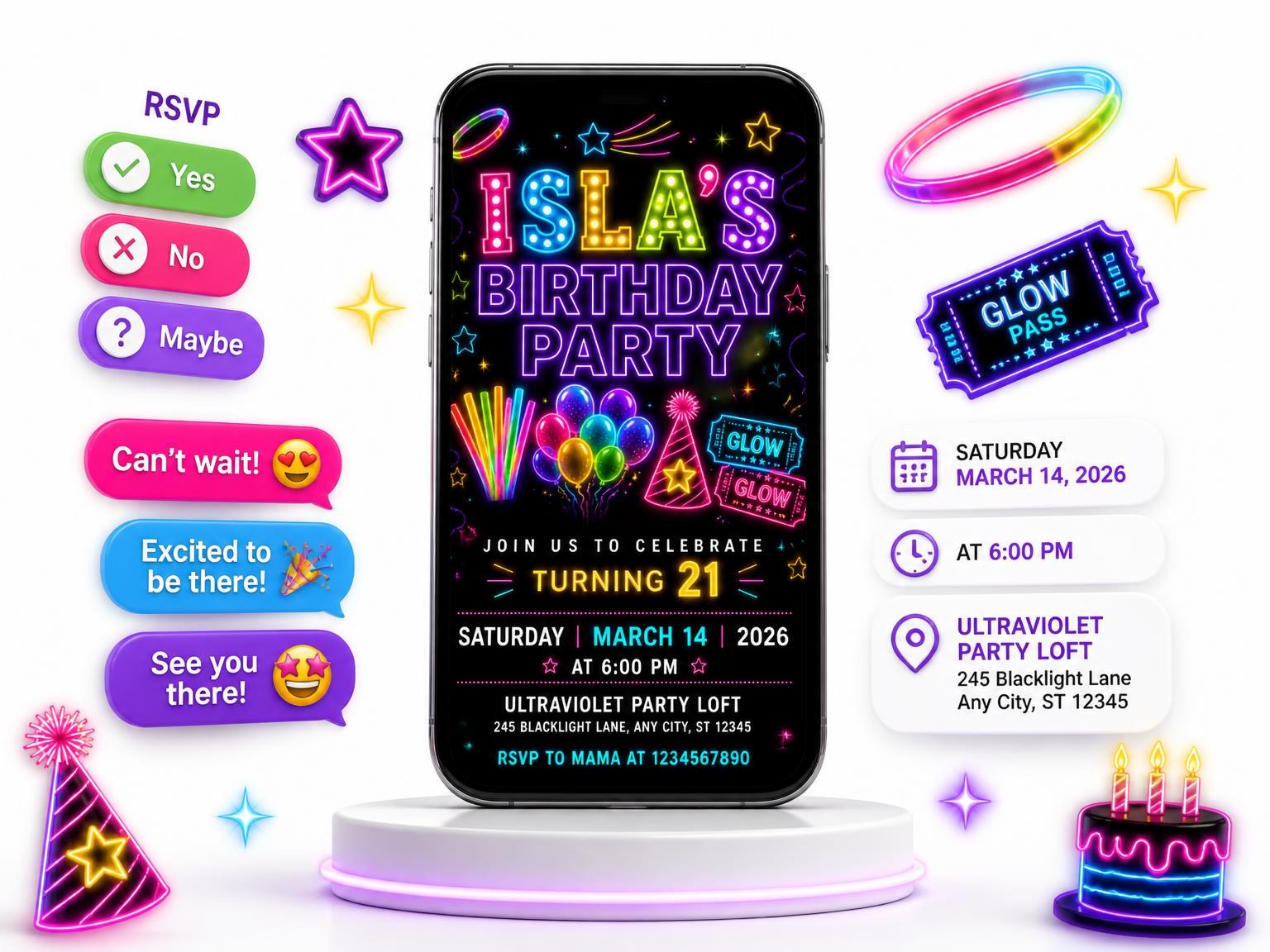 The Neon Glow Party 21st Birthday Invitation invitation on a phone, with guest RSVPs arriving around it