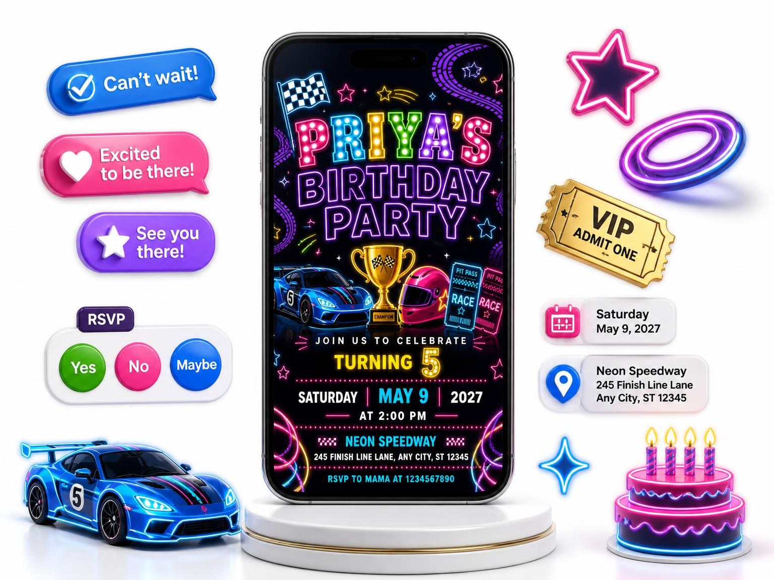 The Neon Race Cars 5th Birthday Invitation invitation on a phone, with guest RSVPs arriving around it