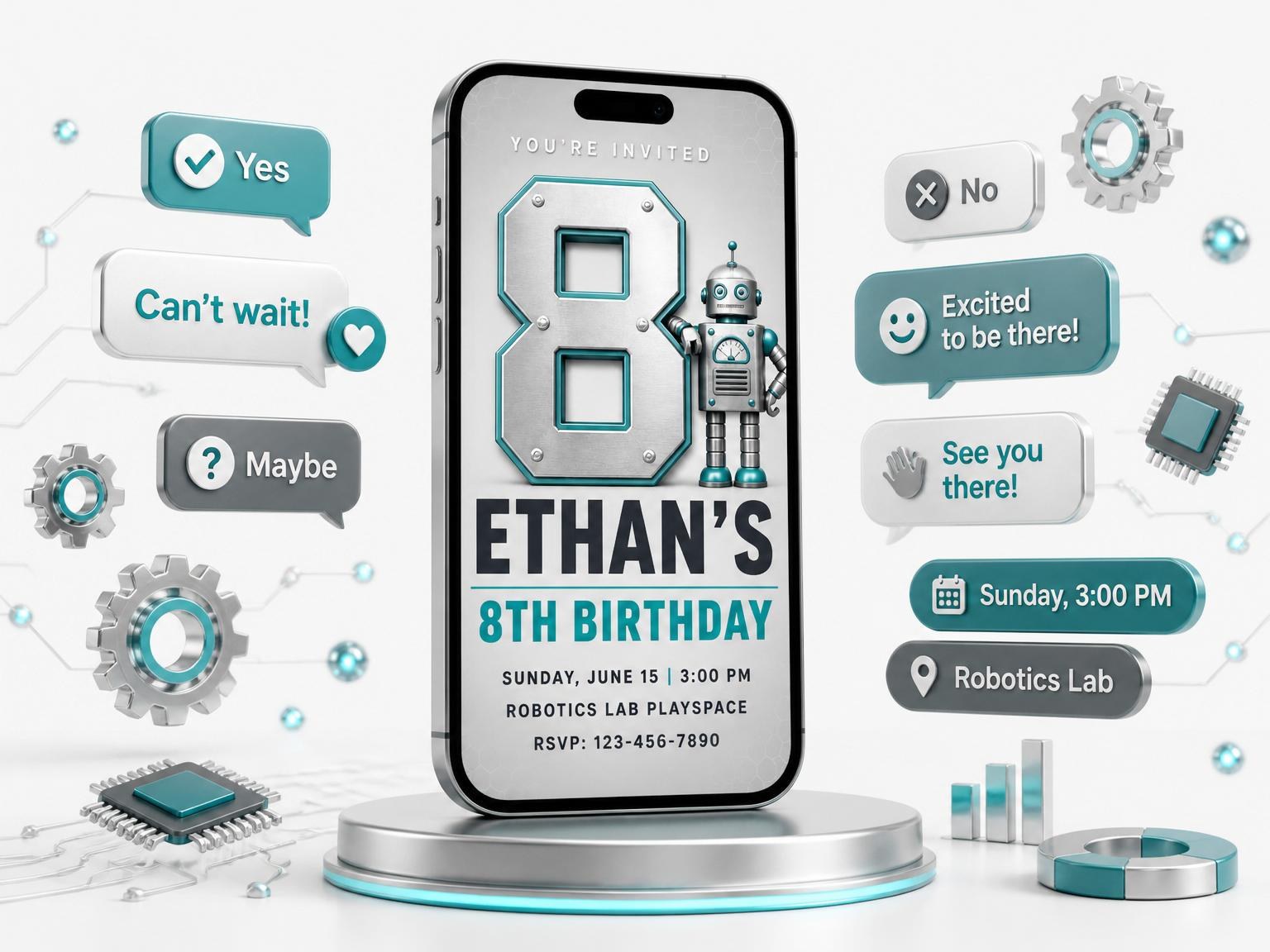 The Metallic Robot 8th Birthday Invitation invitation on a phone, with guest RSVPs arriving around it