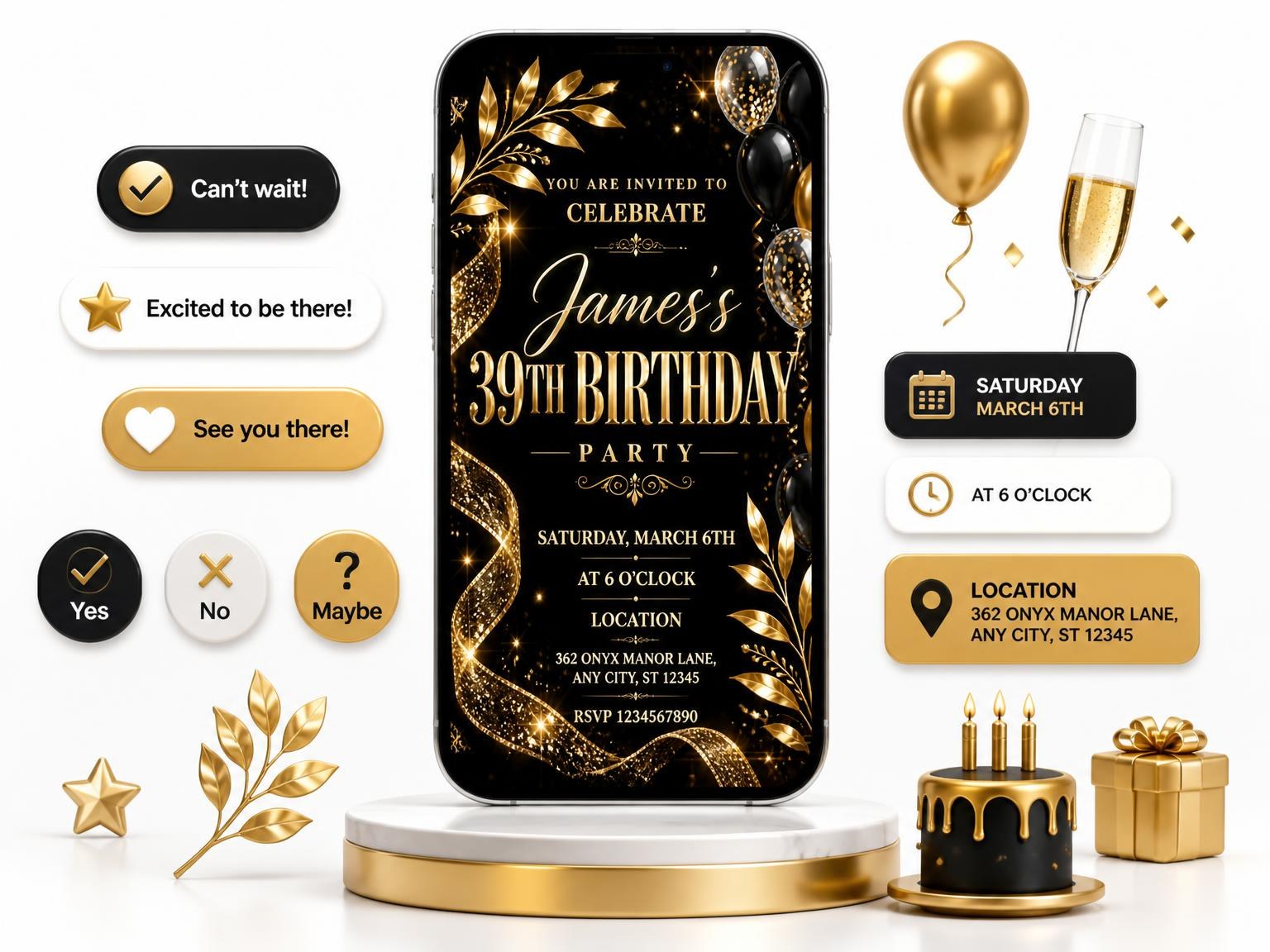 The Black and Gold 39th Birthday Invitation invitation on a phone, with guest RSVPs arriving around it
