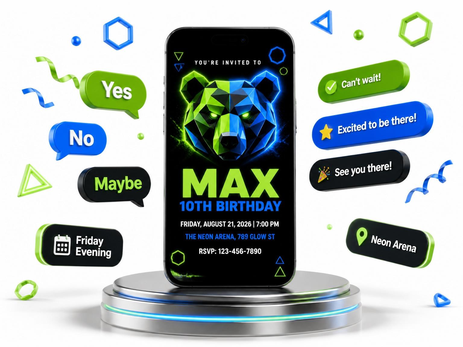 The Neon Geometric Bear 10th Birthday invitation on a phone, with guest RSVPs arriving around it