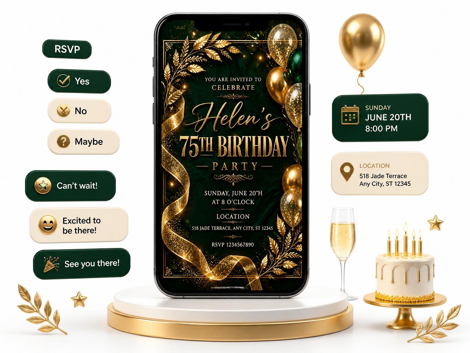 The Emerald and Champagne 75th Birthday Invitation invitation on a phone, with guest RSVPs arriving around it