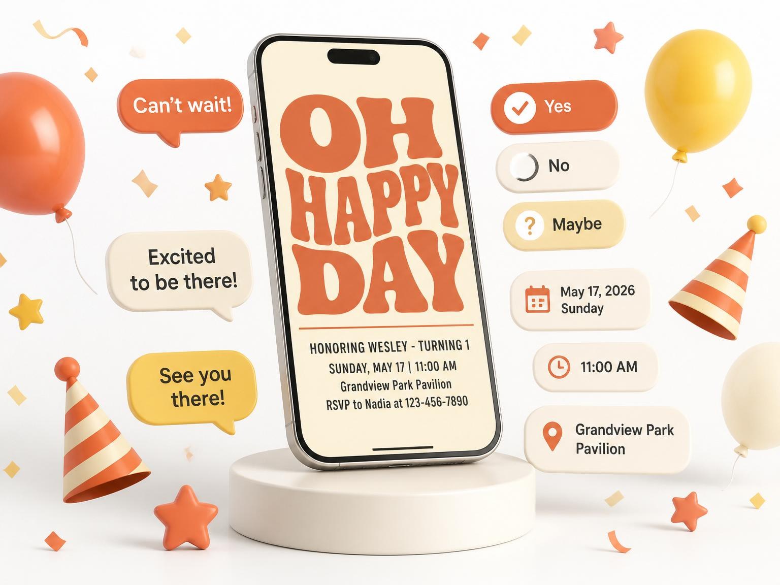 The Terracotta Retro Typography First Birthday invitation on a phone, with guest RSVPs arriving around it
