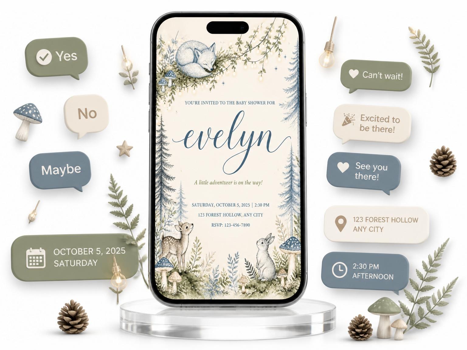 The Watercolor Woodland Forest Baby Shower invitation on a phone, with guest RSVPs arriving around it