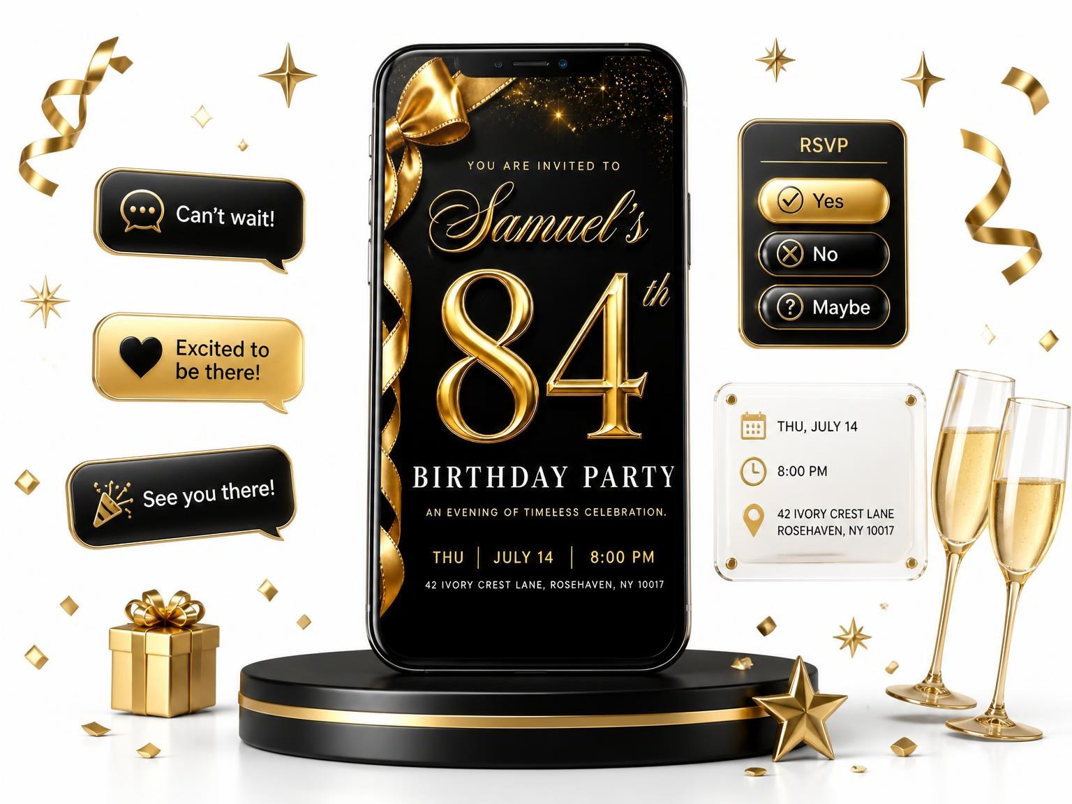 The Black and Gold Ribbon 84th Birthday invitation on a phone, with guest RSVPs arriving around it