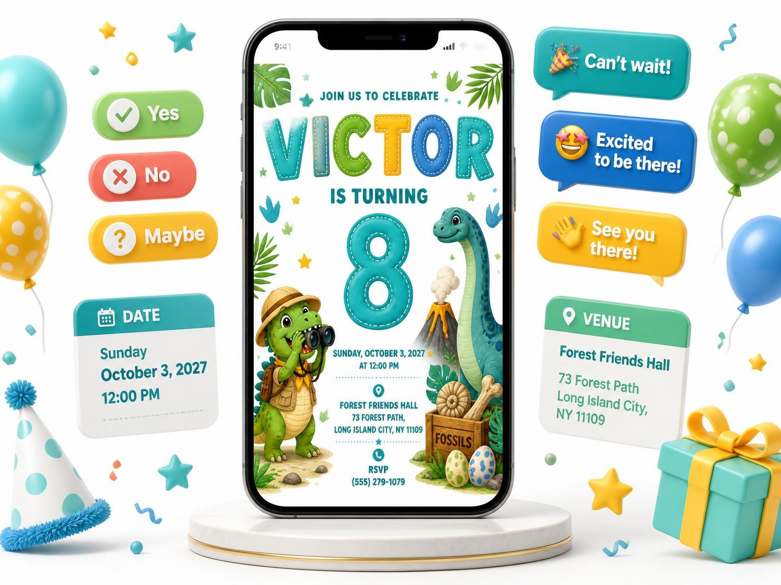 The Dinosaur Explorer 8th Birthday Invitation invitation on a phone, with guest RSVPs arriving around it