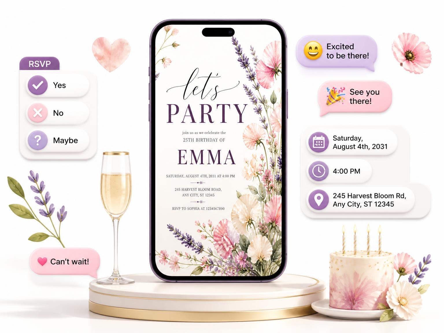 The Botanical Blush 25th Birthday Invitation invitation on a phone, with guest RSVPs arriving around it