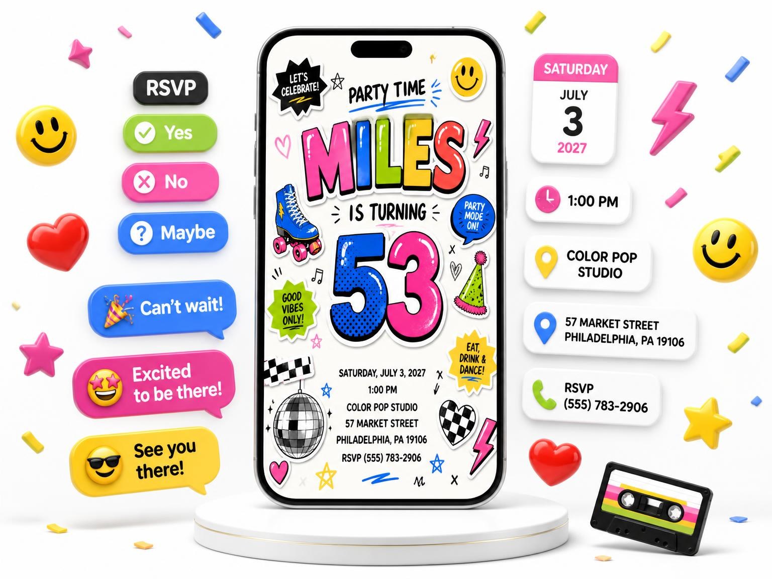 The Sticker Pop 53rd Birthday Invitation invitation on a phone, with guest RSVPs arriving around it