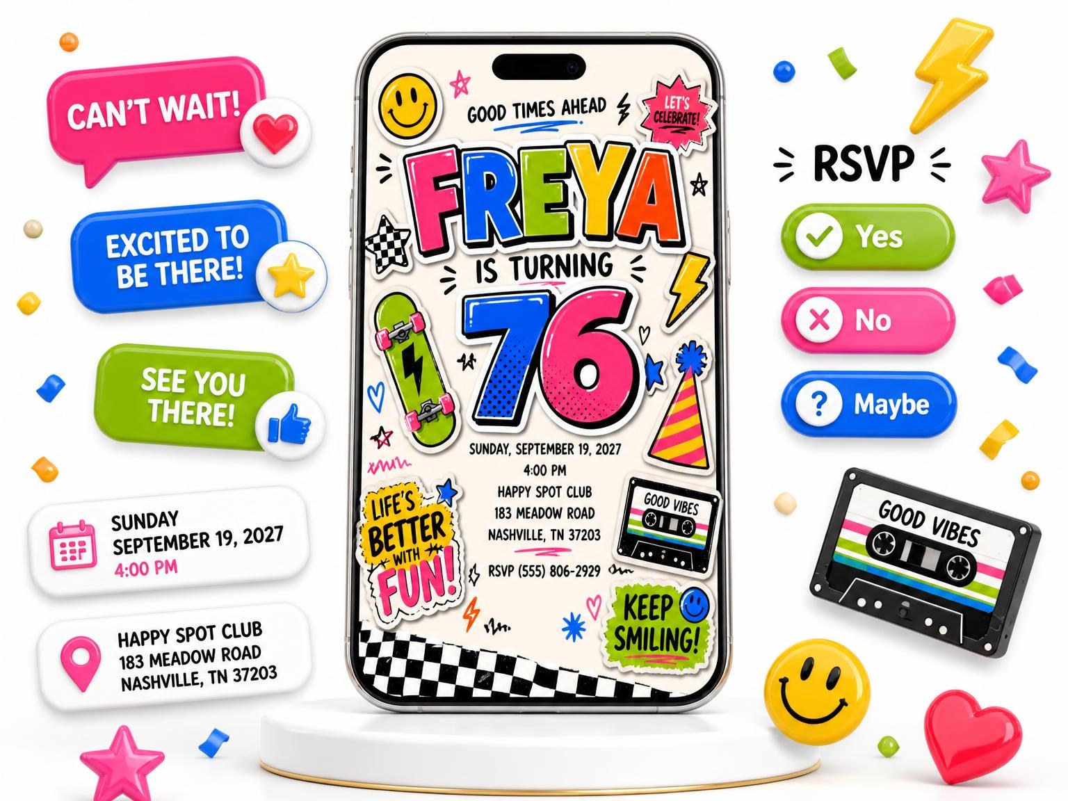 The Sticker Pop 76th Birthday Invitation invitation on a phone, with guest RSVPs arriving around it