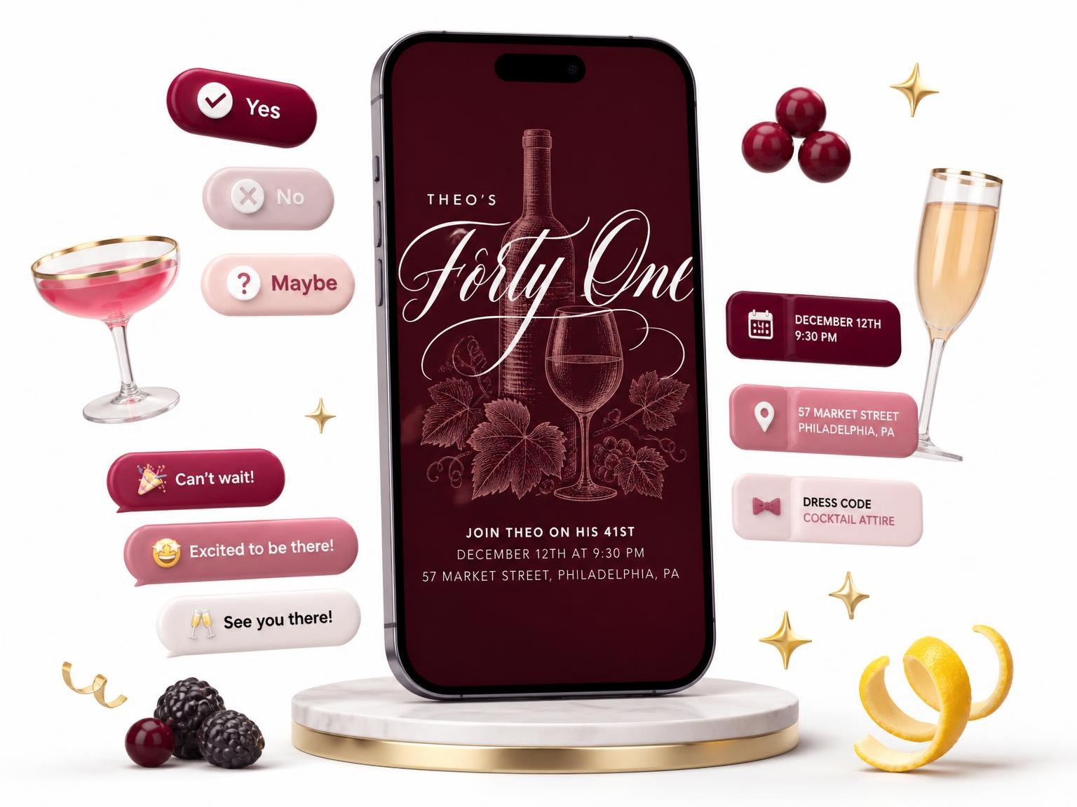 The Burgundy Cocktail 41st Birthday Invitation invitation on a phone, with guest RSVPs arriving around it