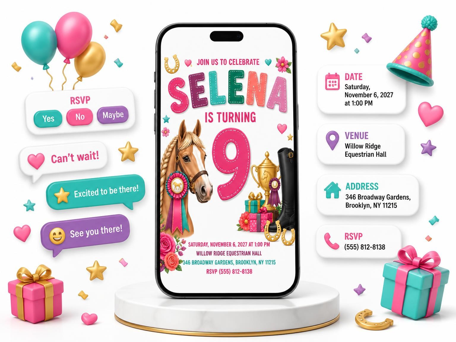 The Stitched Equestrian Trophy 9th Birthday Invitation invitation on a phone, with guest RSVPs arriving around it