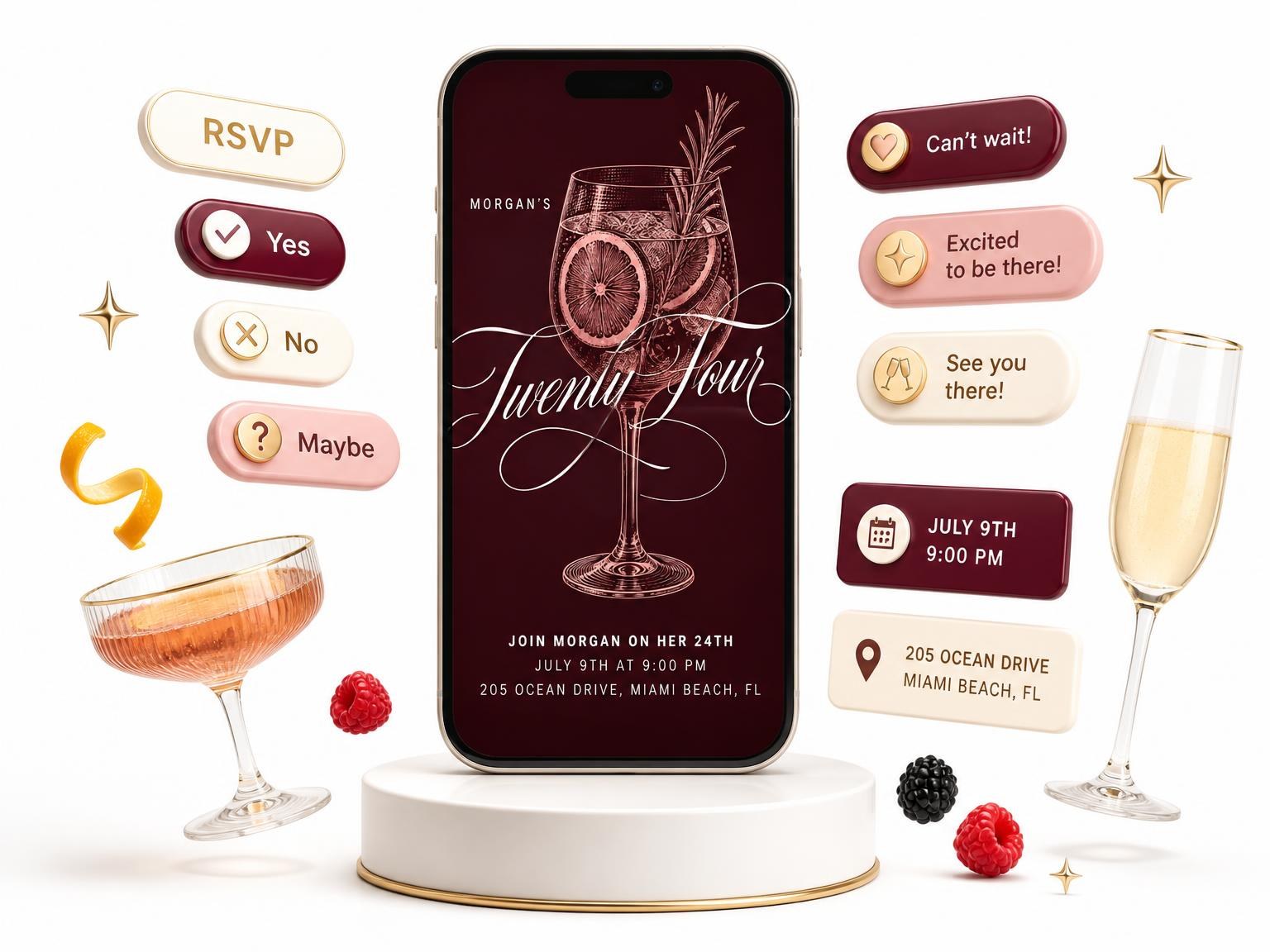 The Burgundy Cocktail 24th Birthday Invitation invitation on a phone, with guest RSVPs arriving around it