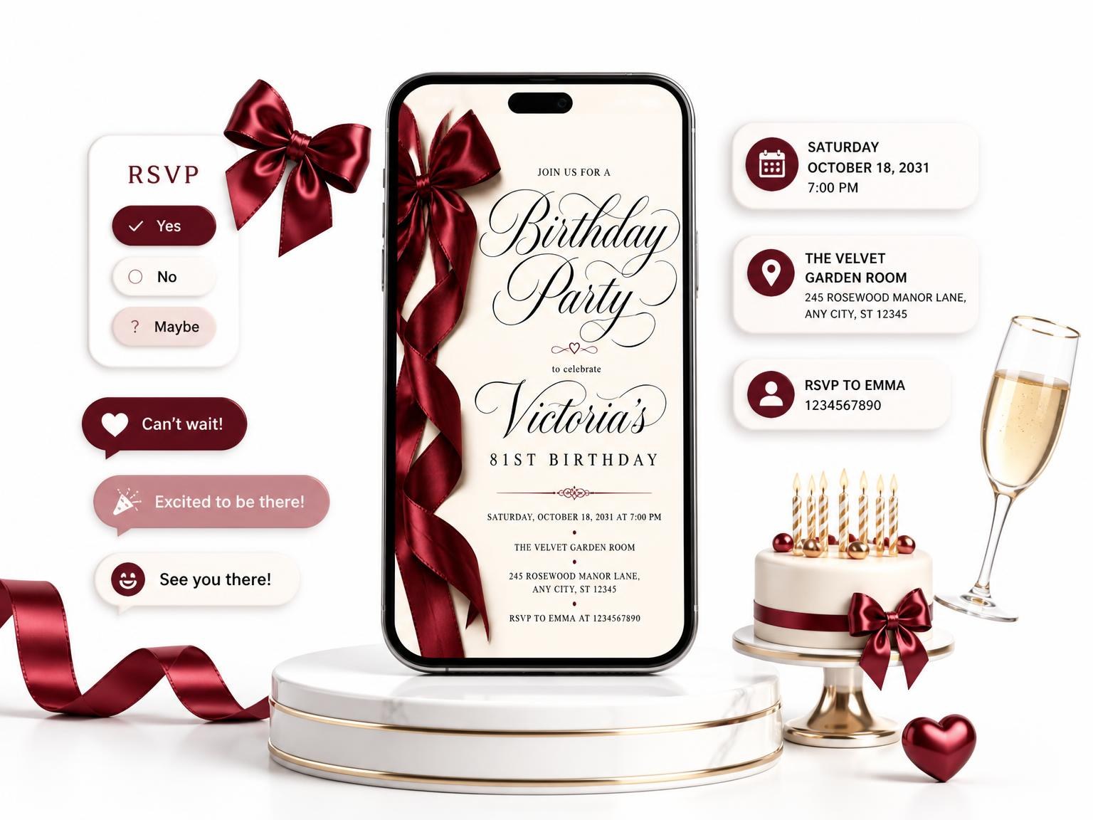 The Burgundy Satin Bow 81st Birthday Invitation invitation on a phone, with guest RSVPs arriving around it