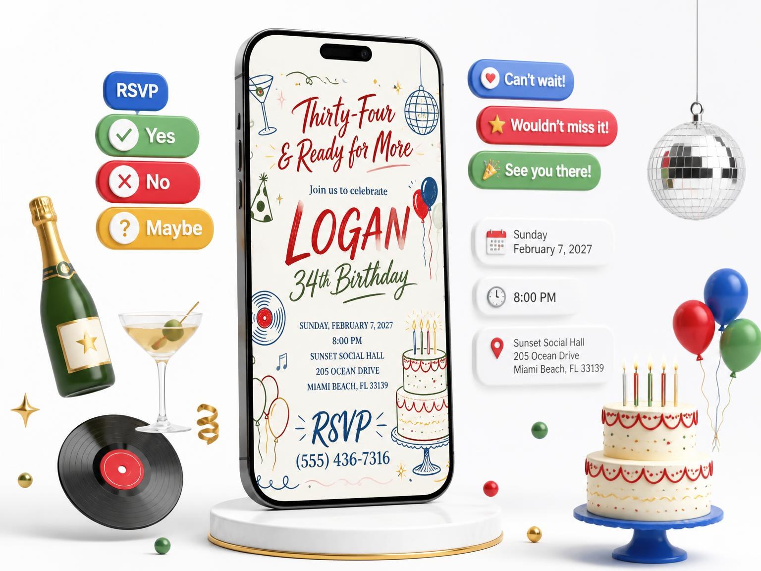 The Retro Doodle 34th Birthday Invitation invitation on a phone, with guest RSVPs arriving around it