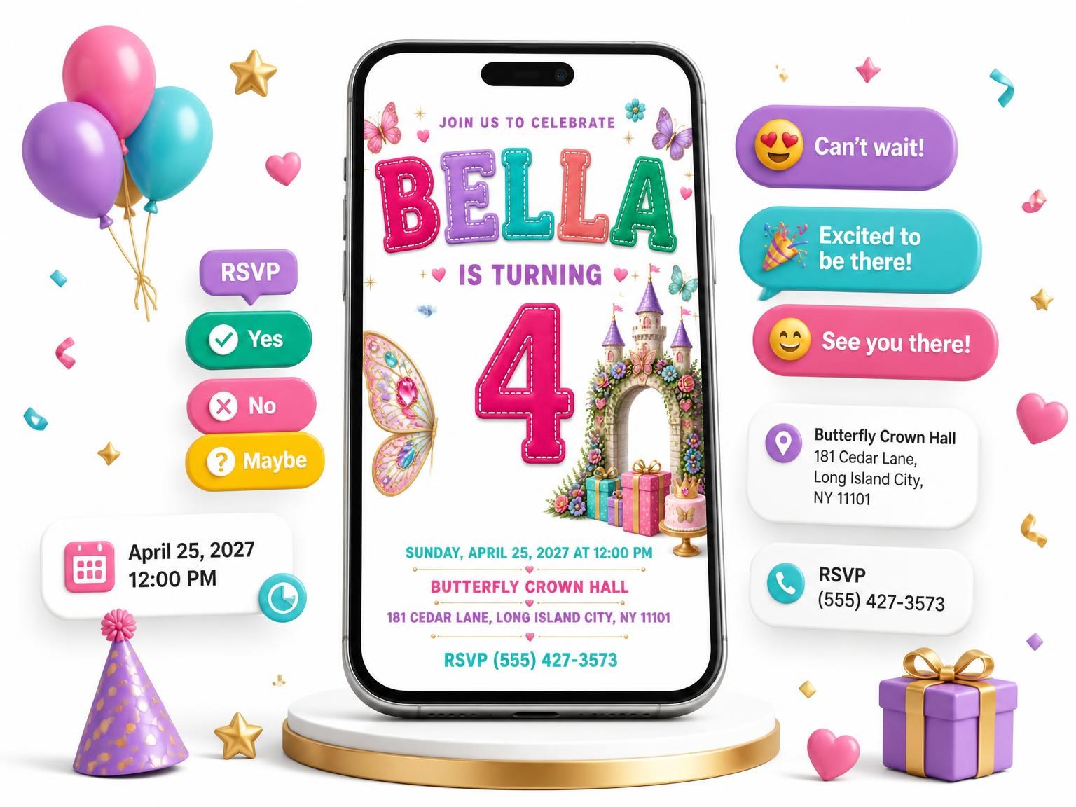 The Castle Archway Stitched 4th Birthday Invitation invitation on a phone, with guest RSVPs arriving around it