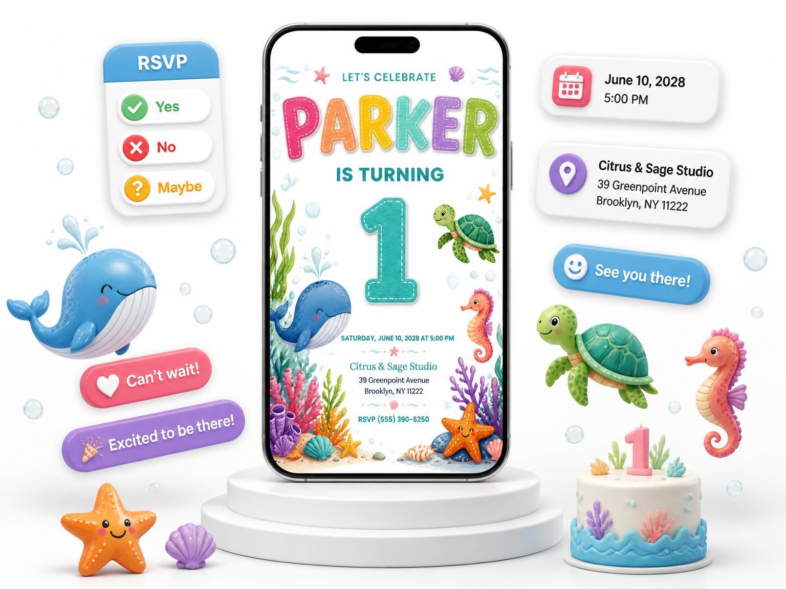 The Stitched Under the Sea 1st Birthday Invitation invitation on a phone, with guest RSVPs arriving around it
