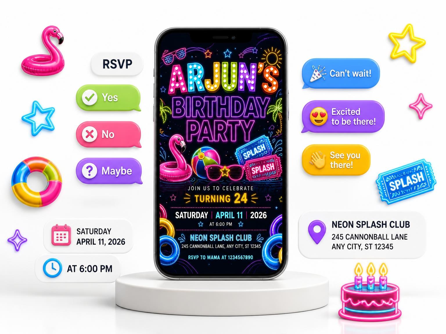 The Neon Pool Party 24th Birthday Invitation invitation on a phone, with guest RSVPs arriving around it