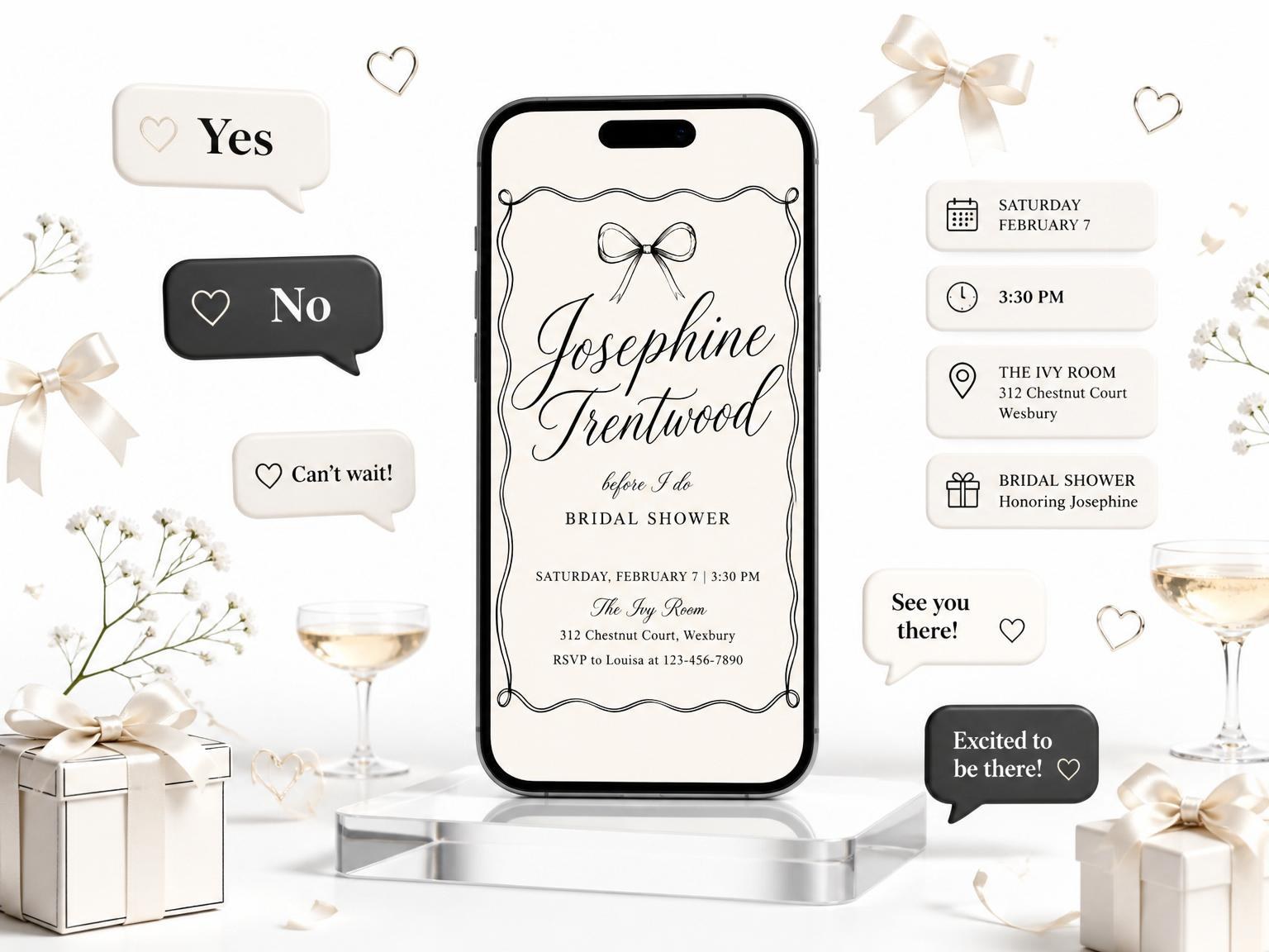 The Minimalist Black Bow Bridal Shower invitation on a phone, with guest RSVPs arriving around it