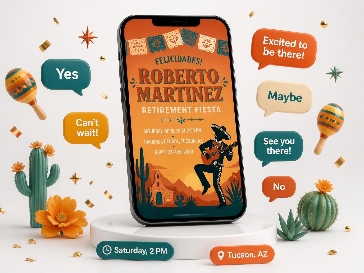 The Terracotta Papel Picado Retirement Fiesta invitation on a phone, with guest RSVPs arriving around it