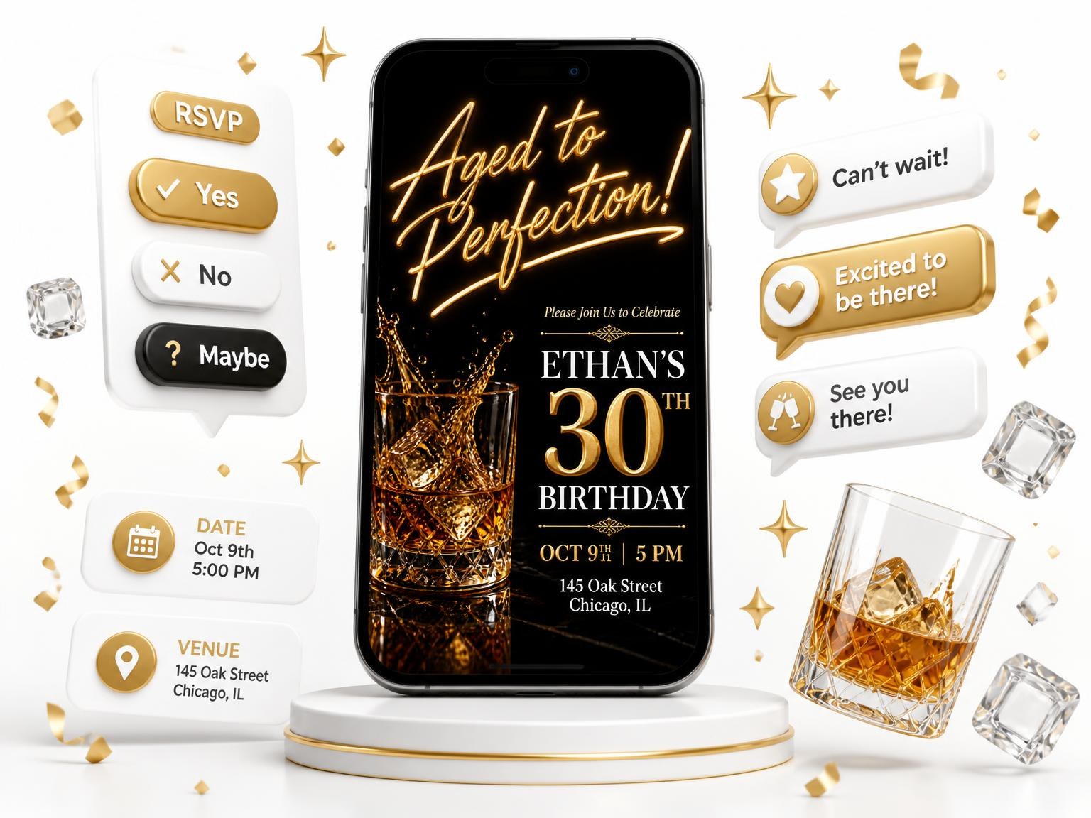 The Crystal Whiskey 30th Birthday Invitation invitation on a phone, with guest RSVPs arriving around it