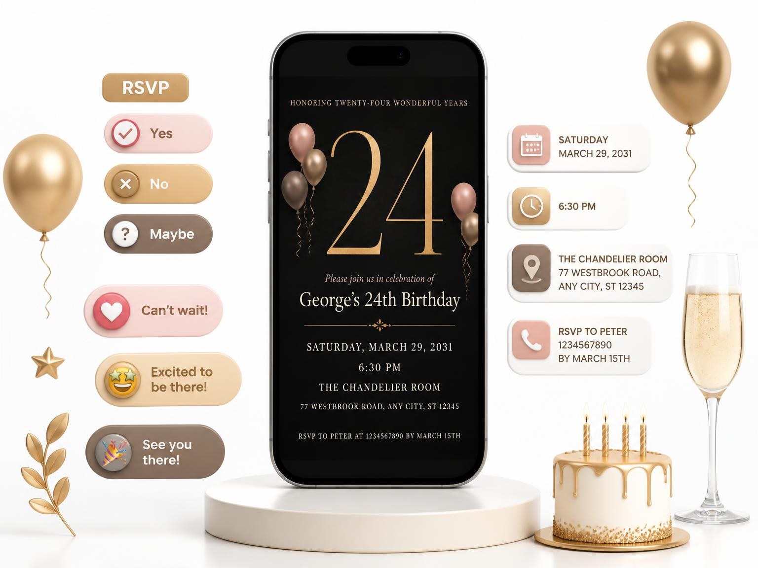 The Charcoal and Blush 24th Birthday Invitation invitation on a phone, with guest RSVPs arriving around it