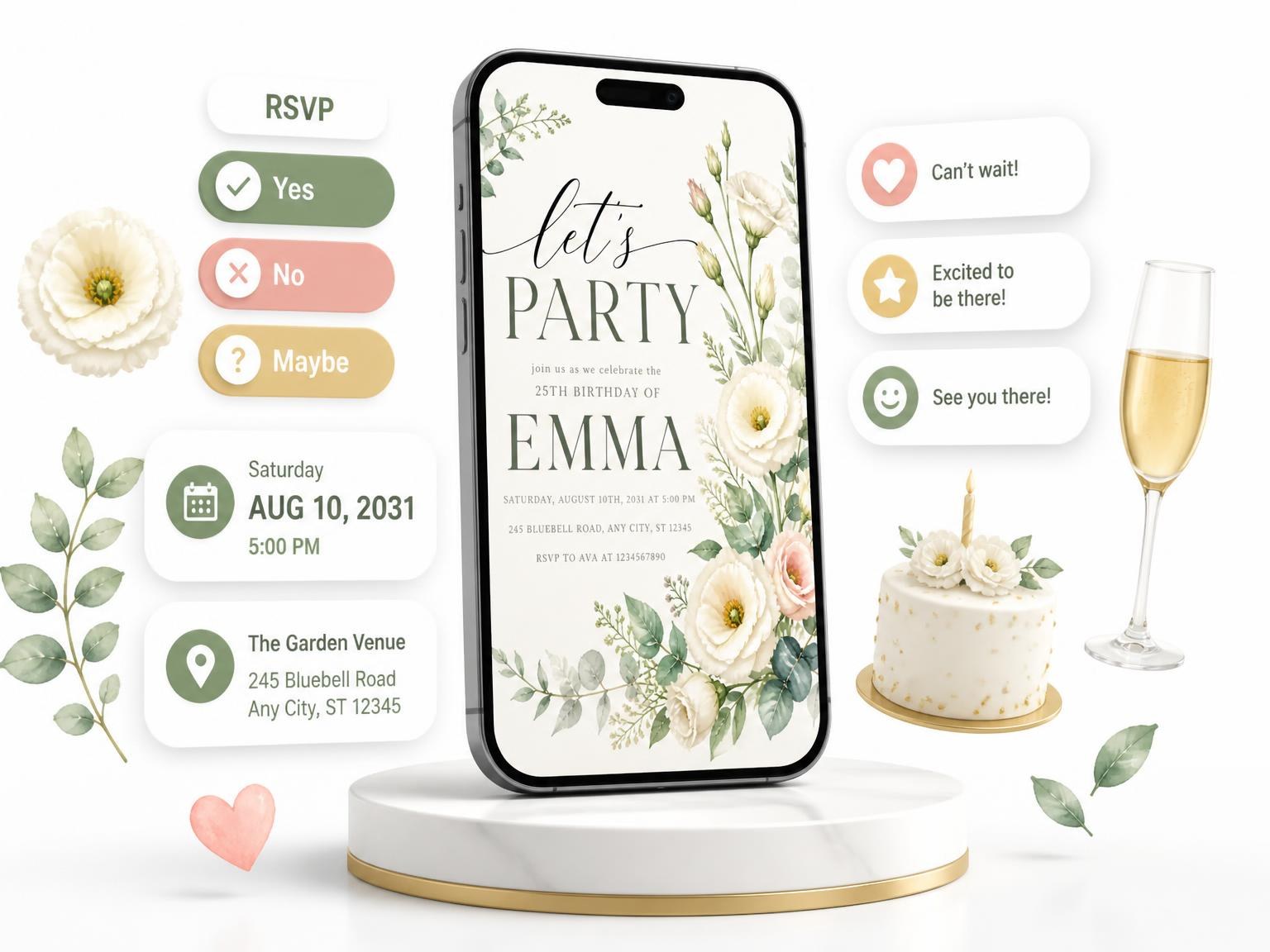 The Eucalyptus Branch Ivory 25th Birthday Invitation invitation on a phone, with guest RSVPs arriving around it