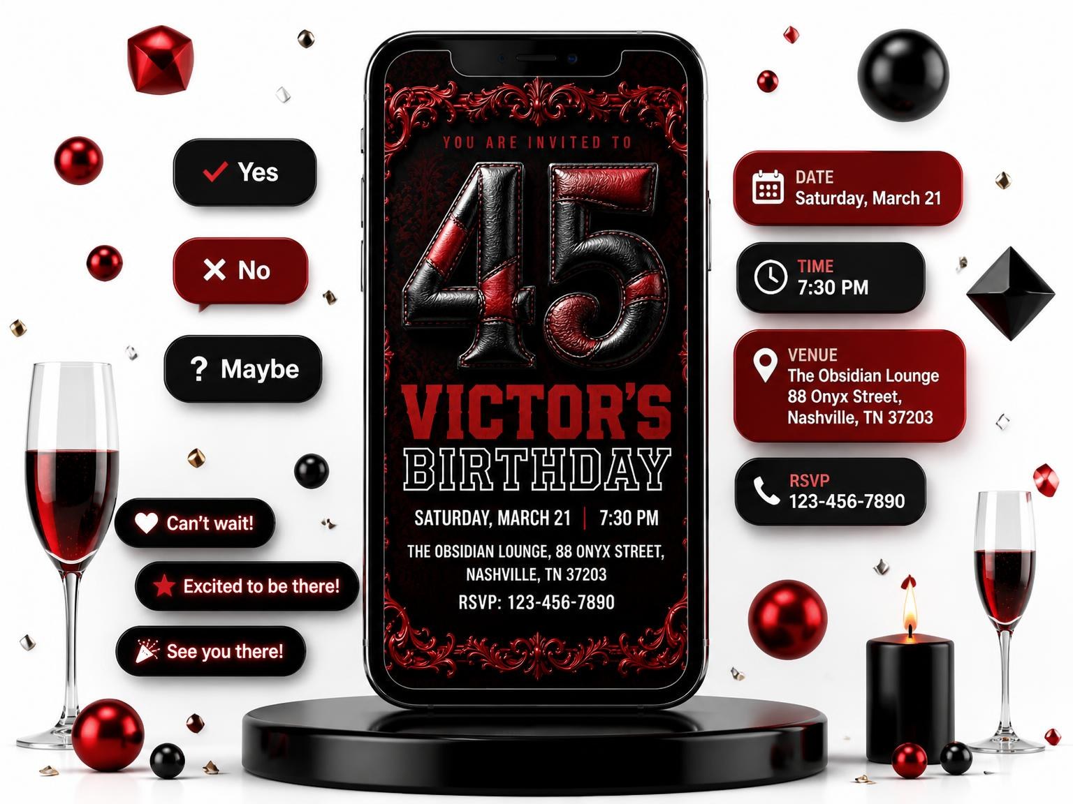 The Red and Black Baroque 45th Birthday invitation on a phone, with guest RSVPs arriving around it