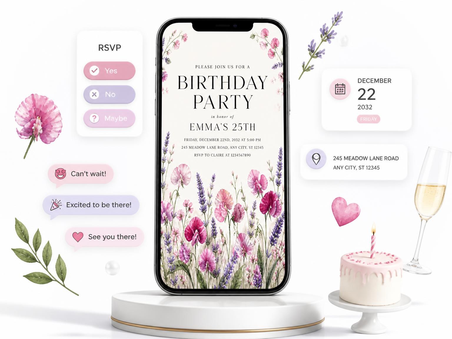 The Fuchsia Lavender Meadow 25th Birthday Invitation invitation on a phone, with guest RSVPs arriving around it